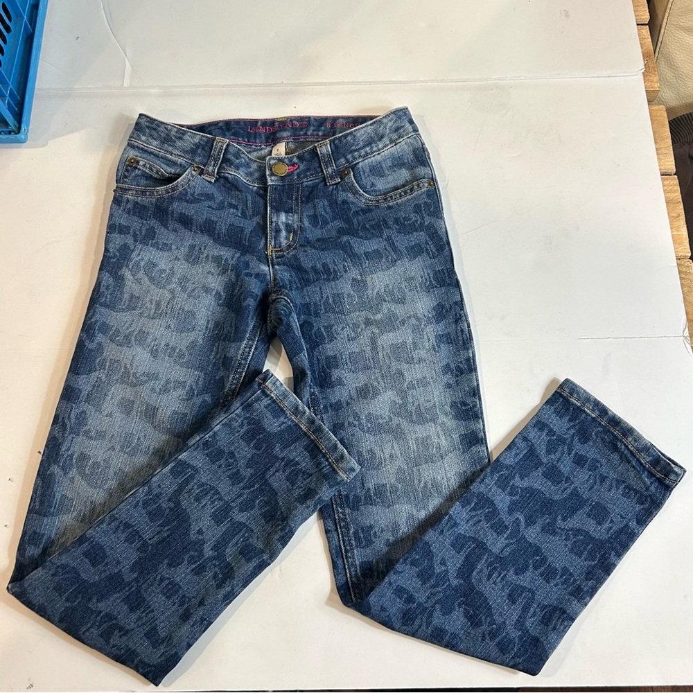 Lands End Dark Blue Denim Horse Print Skinny Jeans Girls Size 8 - Picture 6 of 12